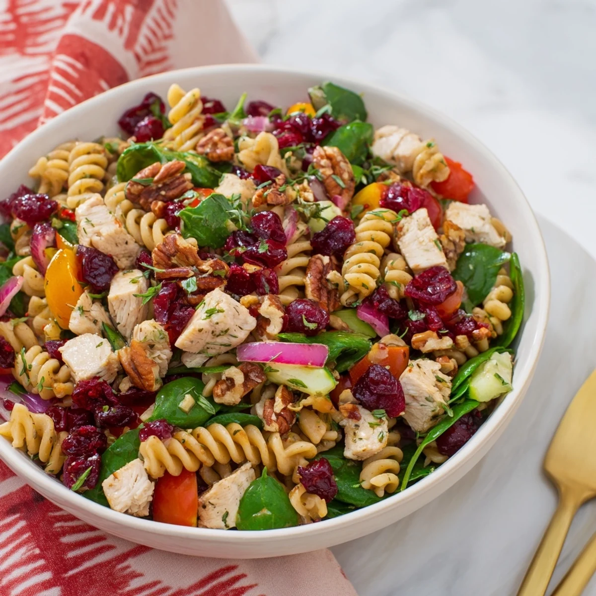 Bright pasta salad with cranberry vinaigrette: showcasing chicken, rotini, and a tangy dressing for lunch.