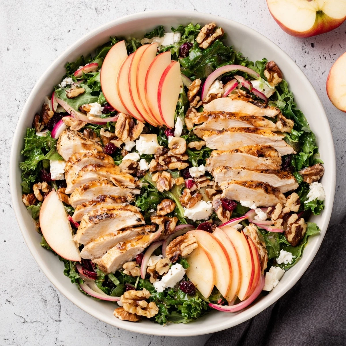 A colorful Chicken and Apple Winter Salad with crisp apple slices and toasted pecans glistens.