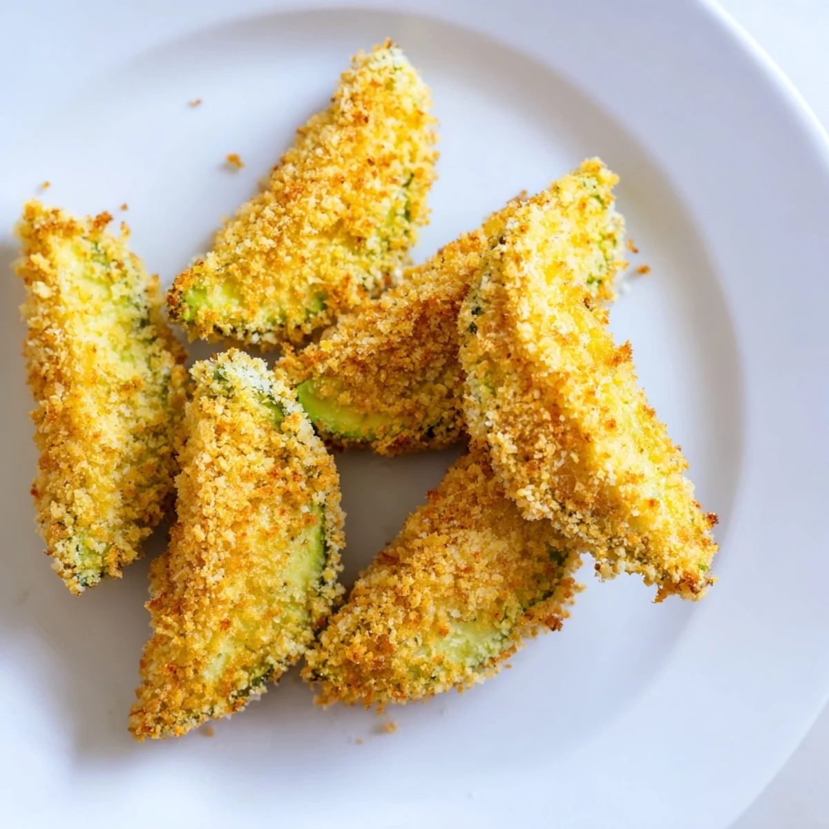 A close-up view of baked Avocado Fries, showing golden panko crust and creamy avocado center.