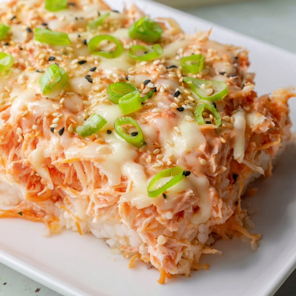 An oven-baked, golden Creamy Salmon Sushi Bake, featuring flaky salmon and a rich, creamy topping.