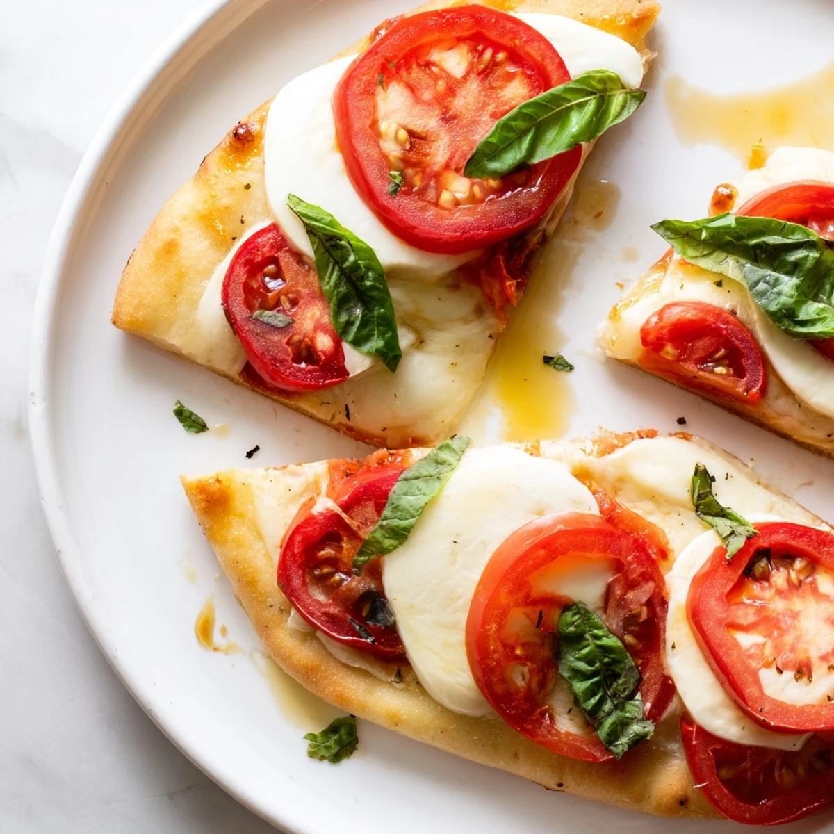 Quick Margherita Naan Pizza with melted mozzarella, ripe tomatoes, and fresh basil, ready to eat.