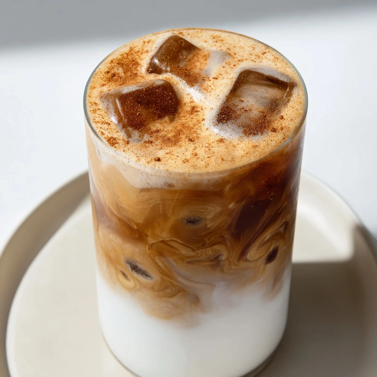 Close up of a frothy Iced Brown Sugar Oat Latte, beautifully chilled and ready to enjoy.