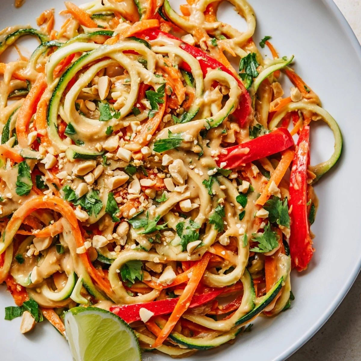 Vibrant Zesty Peanut Zucchini Noodles salad with colorful veggies and a creamy peanut sauce glistening.