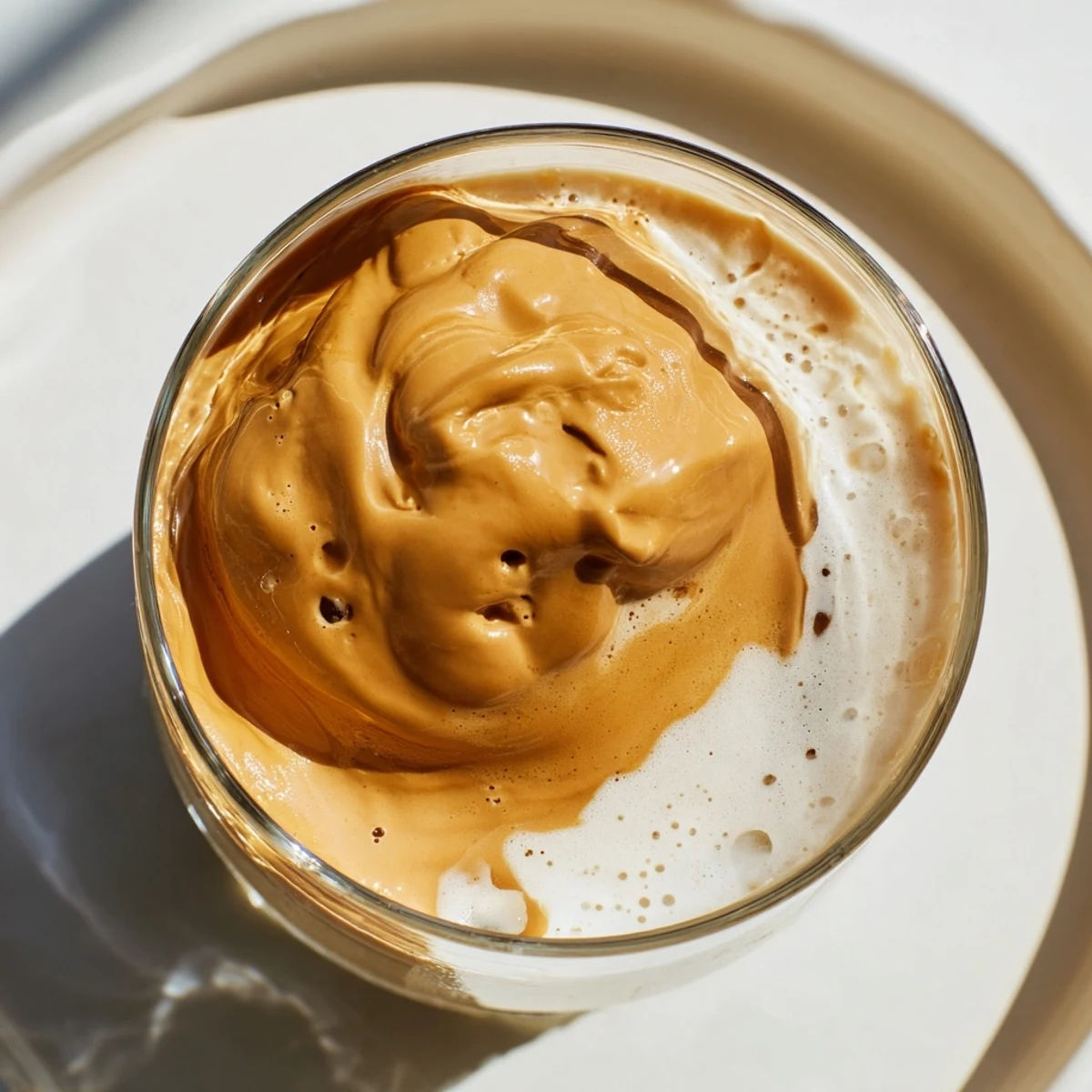 Fluffy, creamy brown sugar Dalgona latte, beautifully layered, ready to cool on a summer afternoon.