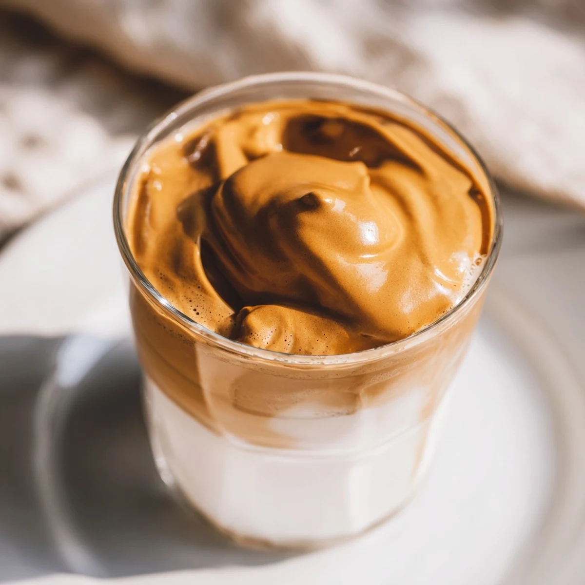 Enjoy this refreshing brown sugar Dalgona latte, a sweet treat with its frothy coffee topping over ice.