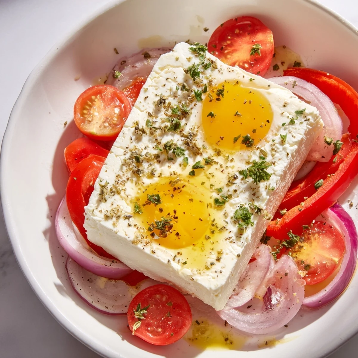 A close-up shot of warm Mediterranean Baked Feta & Eggs, garnished with fresh parsley and smelling delicious.
