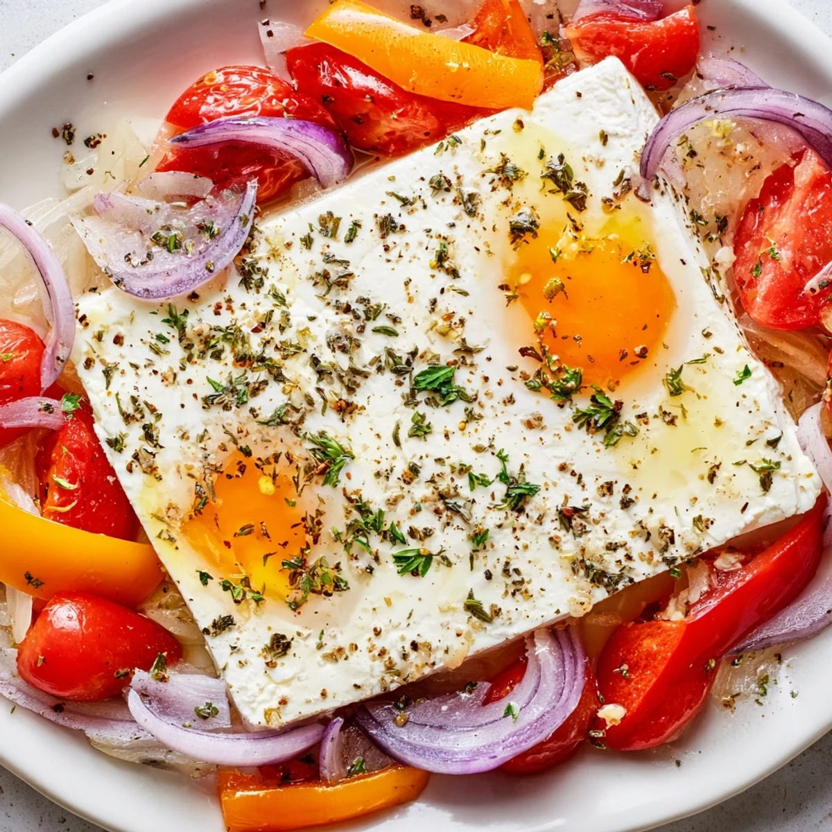 Mediterranean Baked Feta & Eggs sizzling with bubbling feta, red peppers, and perfectly baked eggs, ready to serve.