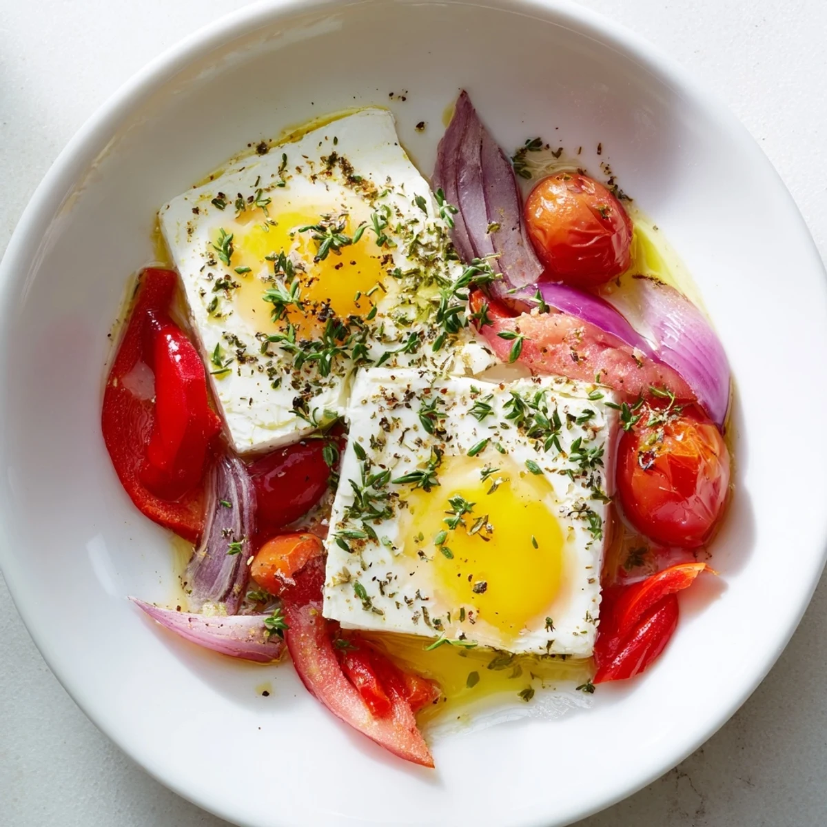 Vibrant Mediterranean Baked Feta & Eggs: creamy feta baked with tomatoes and herbs, a healthy brunch option.