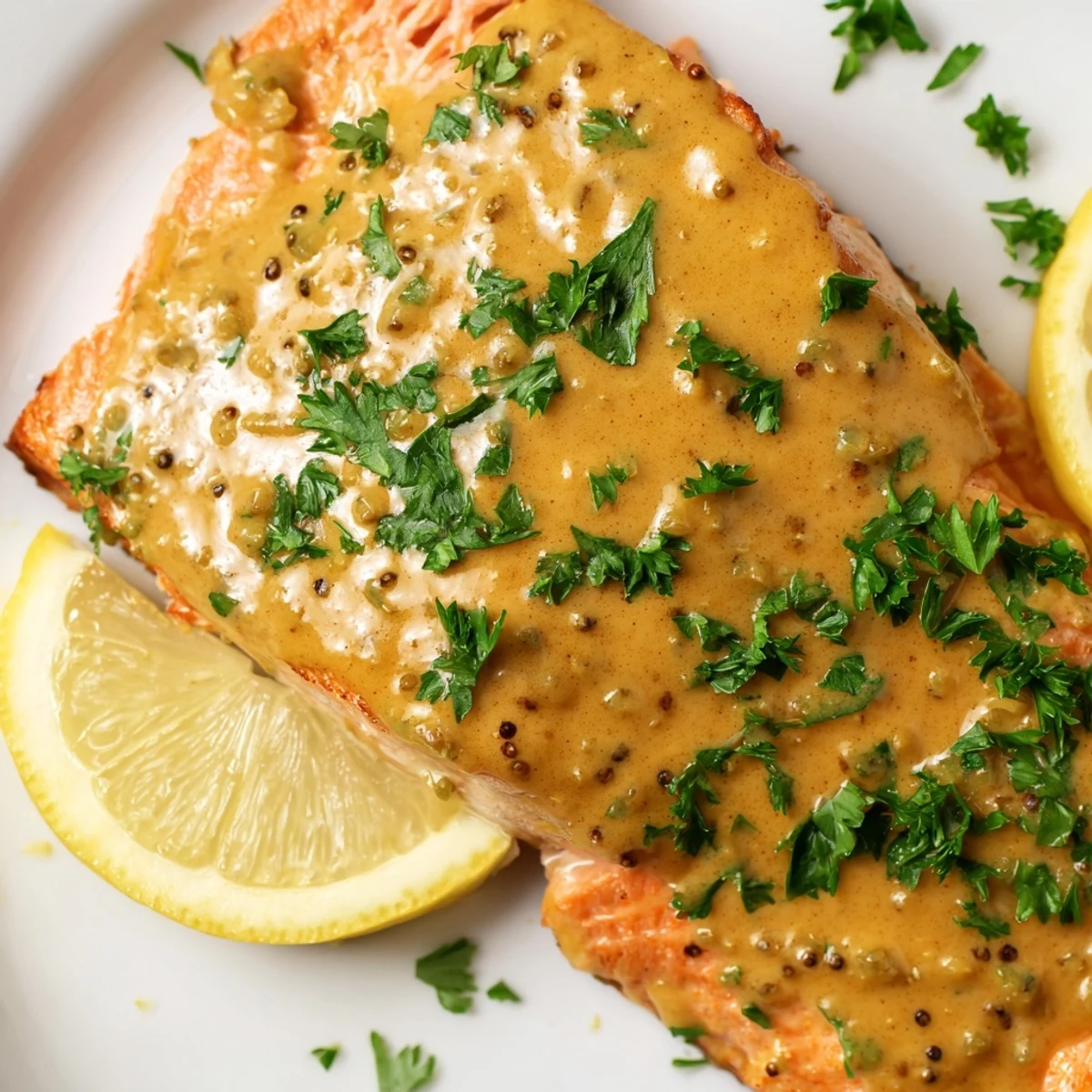 Oven-baked honey mustard salmon: flaky, tender fillets coated in a rich, tangy sauce, ready to serve.