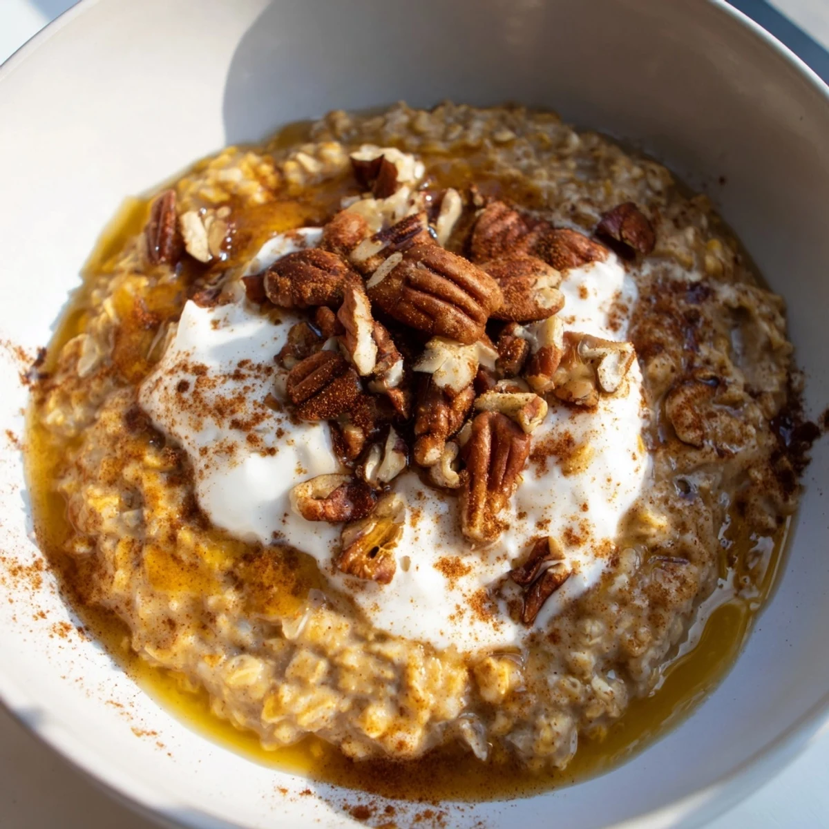 Steaming pumpkin spice latte oats with a swirl of whipped cream and chopped pecans, perfect breakfast.
