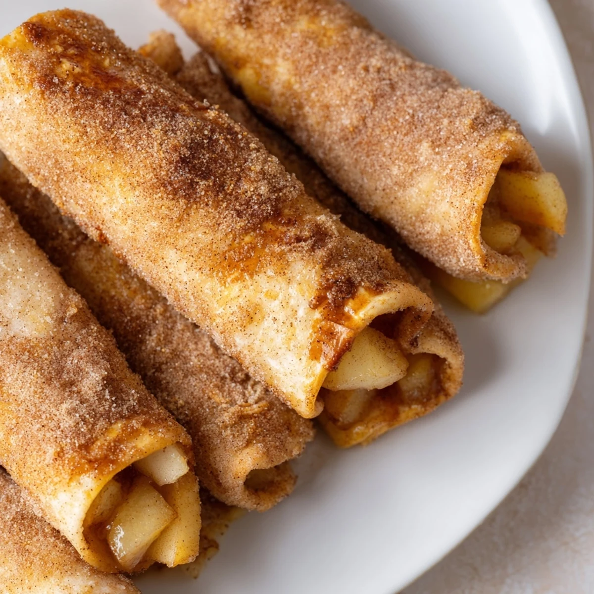 Golden, crispy Apple Pie Roll-Ups: warm, baked tortillas filled with sweet apple filling, ready to serve.
