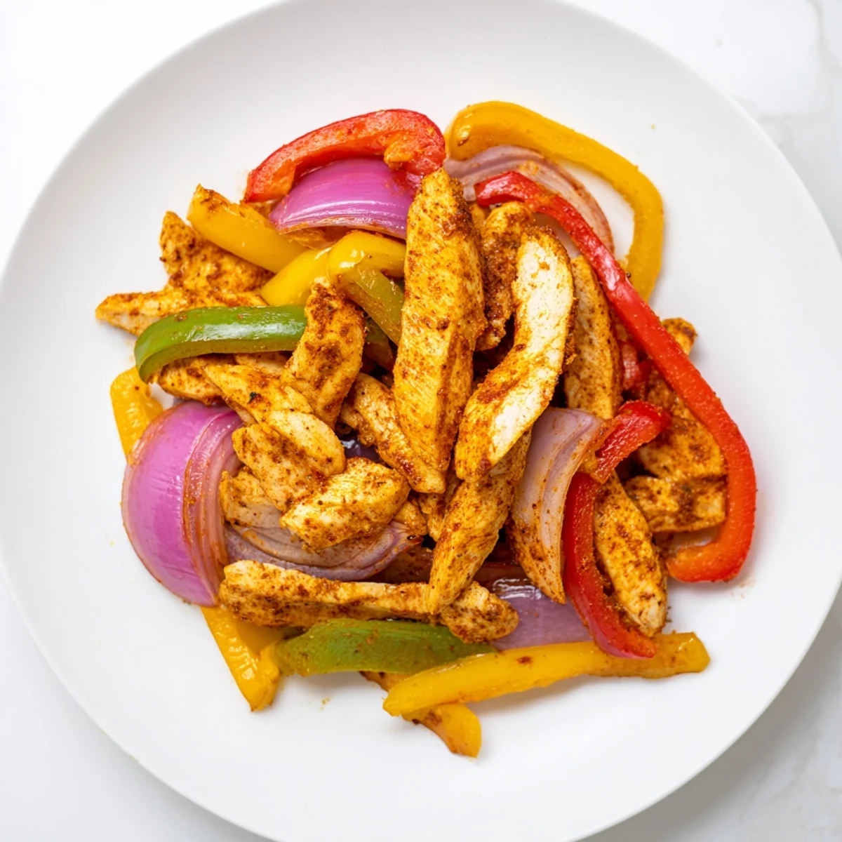 Sheet pan chicken fajitas: sizzling hot with tender chicken strips and colorful roasted peppers.