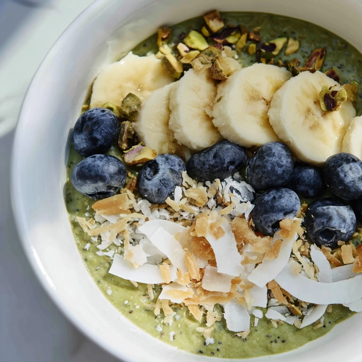 Vibrant green matcha overnight oats layered with almond milk, a quick and easy breakfast.