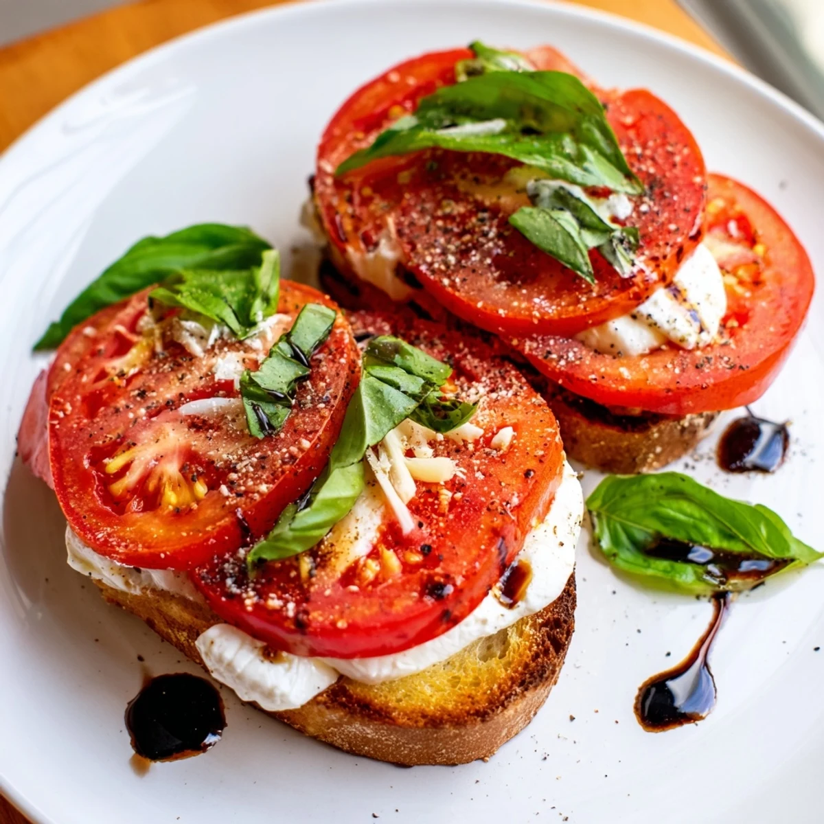 Golden sourdough toast topped with juicy tomatoes and creamy burrata – a delicious Tomato Burrata Toast.