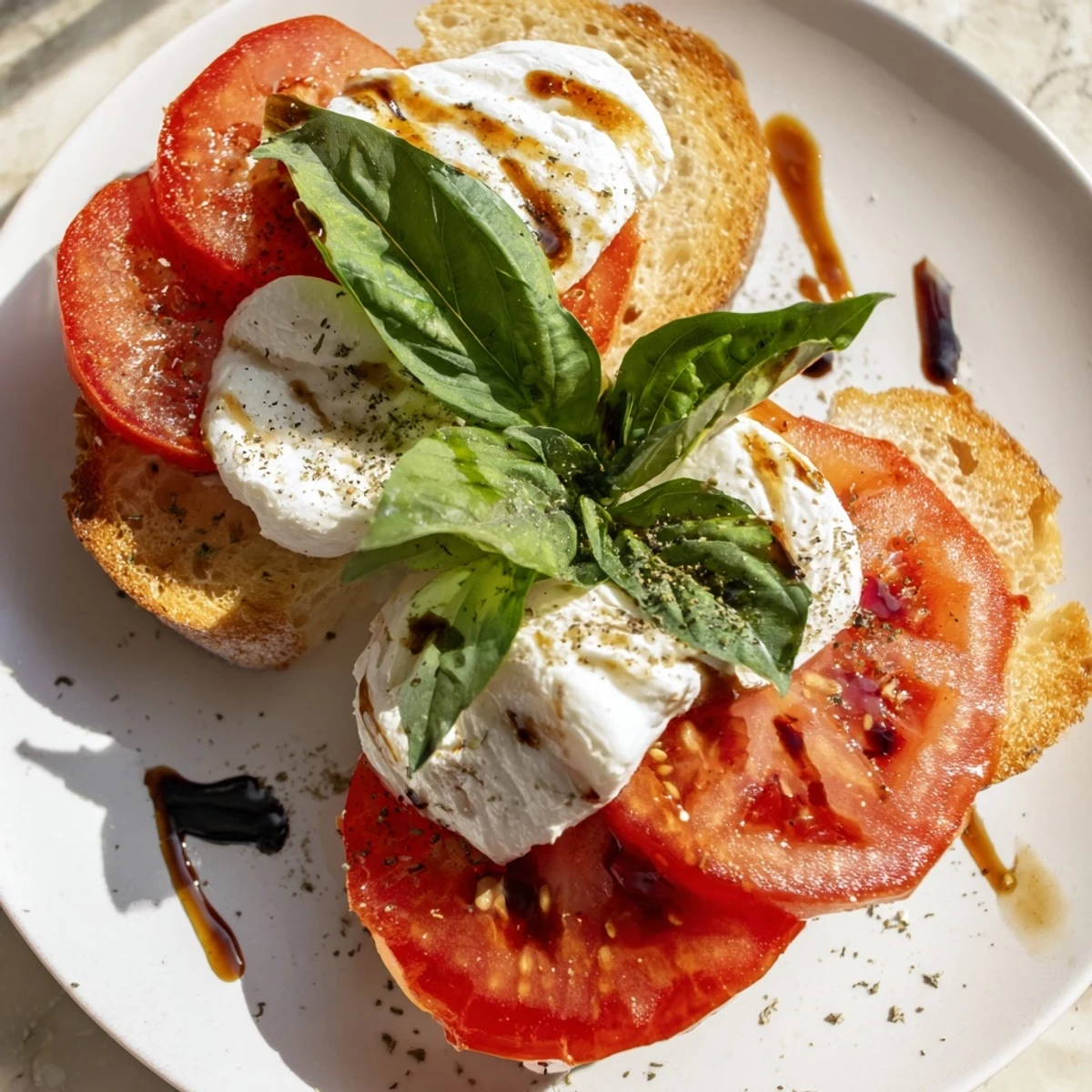 Fresh basil and a drizzle of balsamic glaze enhance this simple Tomato Burrata Toast dish.