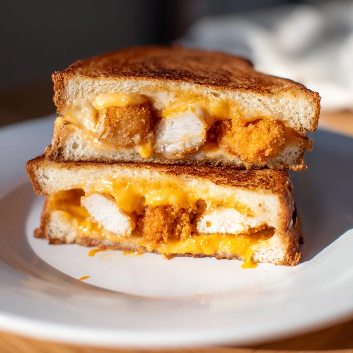 Chicken Nugget Grilled Cheese, a golden and cheesy comfort food sandwich, ready to devour.