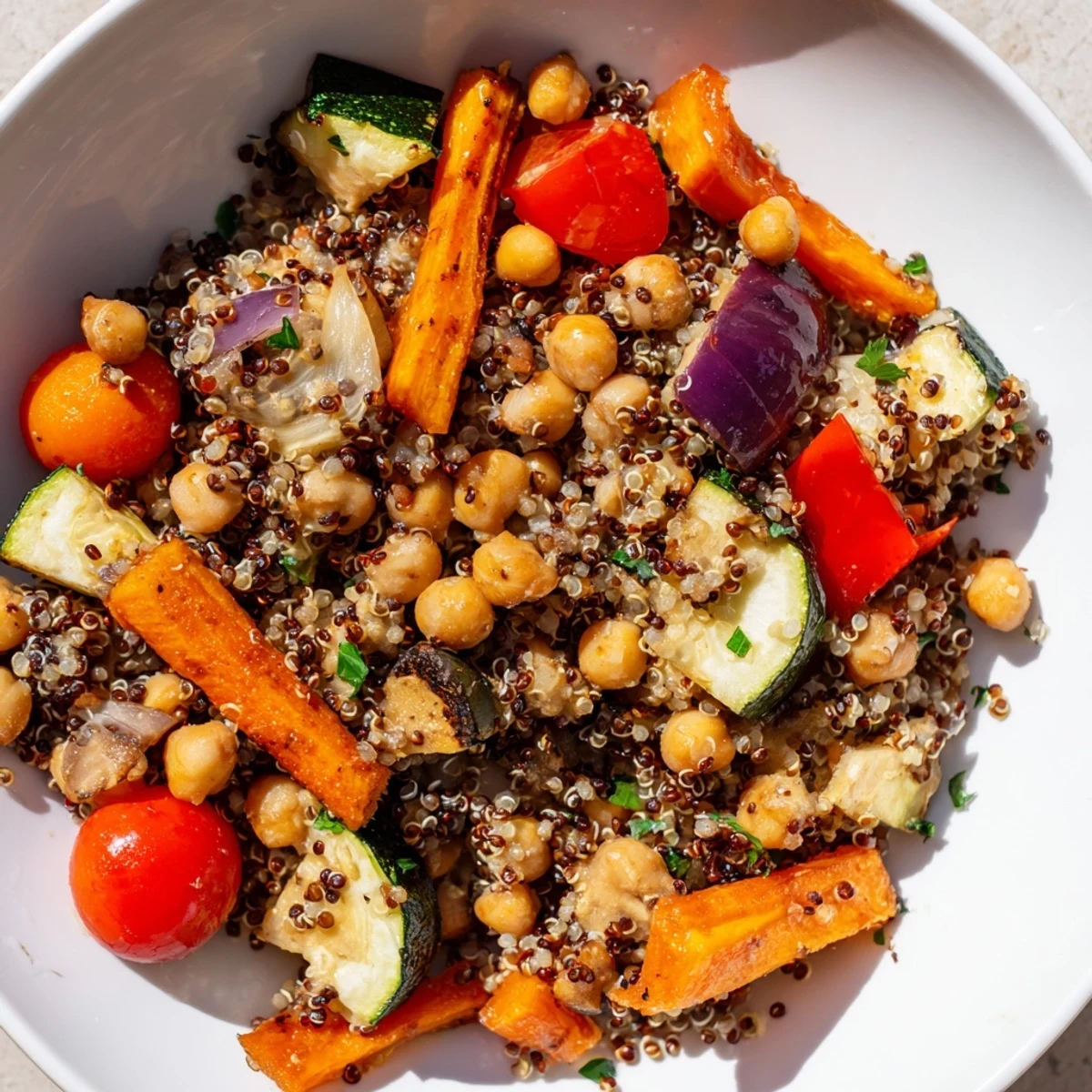 Fluffy quinoa power salad with roasted vegetables and a creamy tahini dressing, delicious.