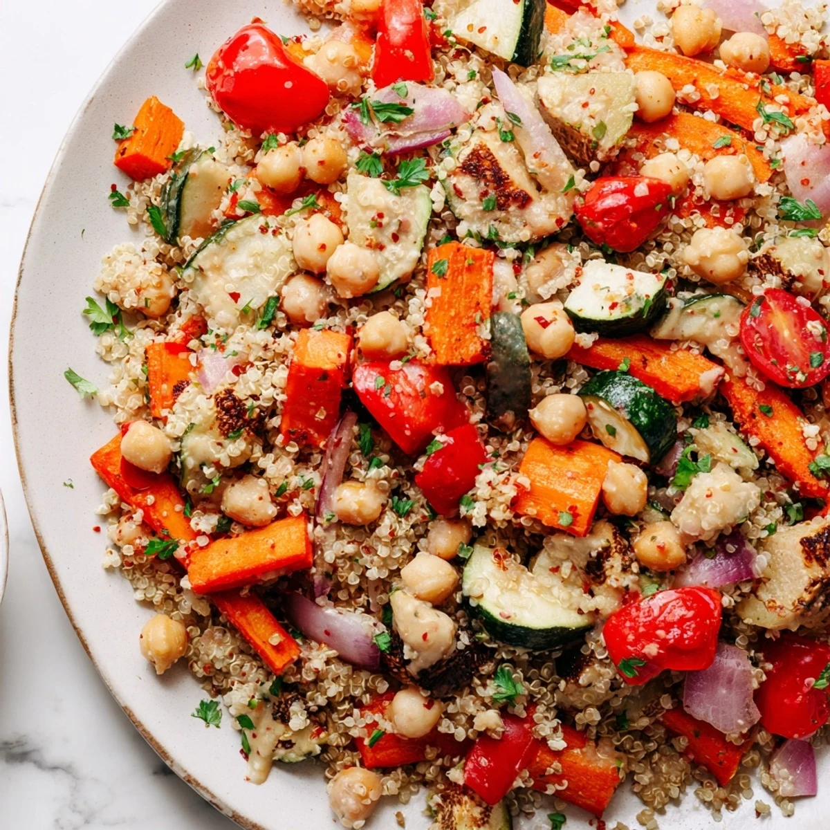 Bright, healthy quinoa power salad, with a drizzle of tahini dressing; ready to serve.