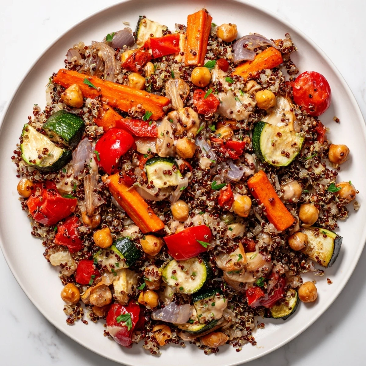 The quinoa power salad features colorful roasted veggies and chickpeas, perfect for a vegan meal.