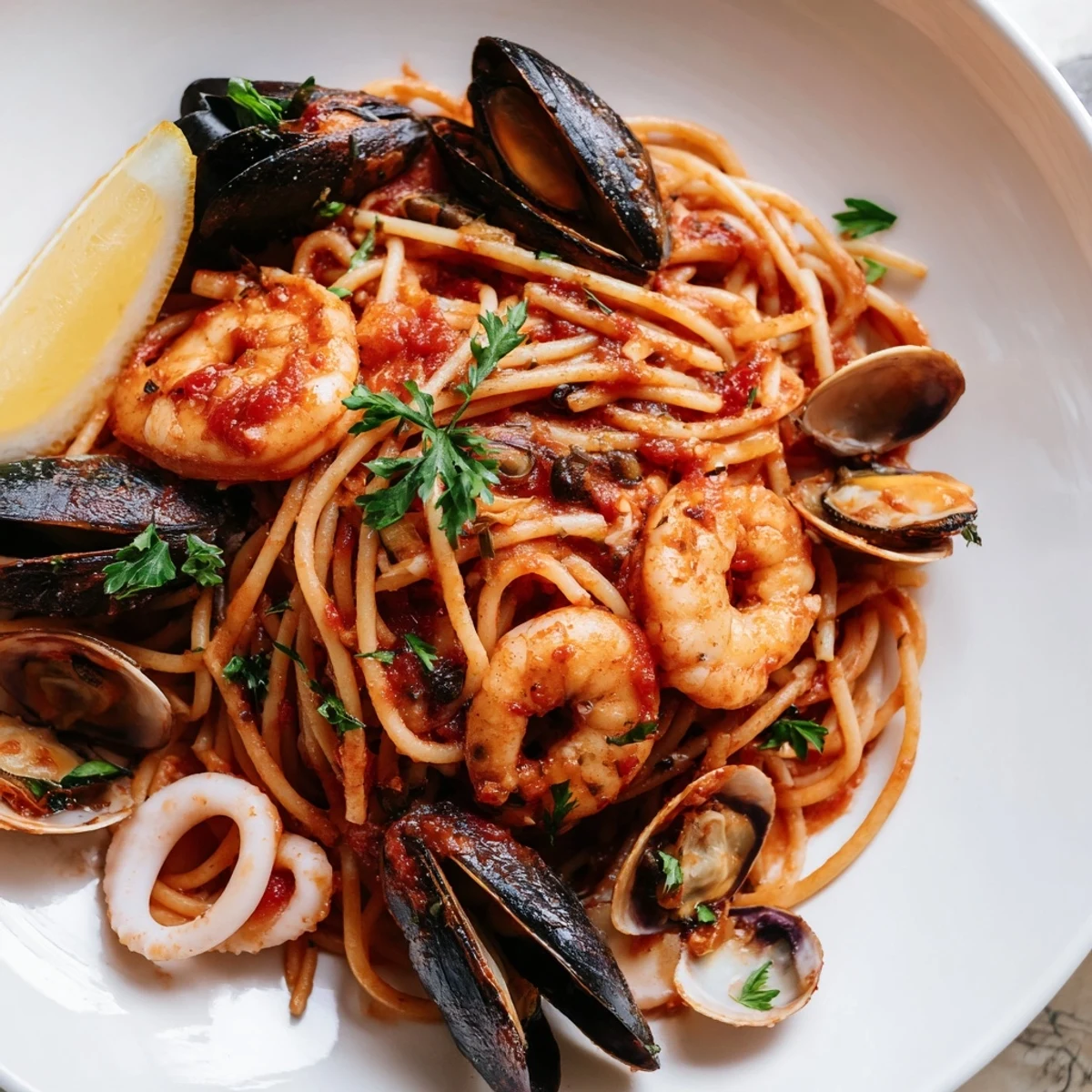 Steaming Seafood Marinara Pasta, a flavorful Italian dish with shrimp, mussels, and squid.