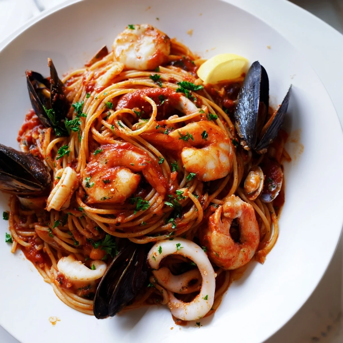 Enjoy a comforting bowl of Seafood Marinara Pasta garnished with fresh parsley and lemon.