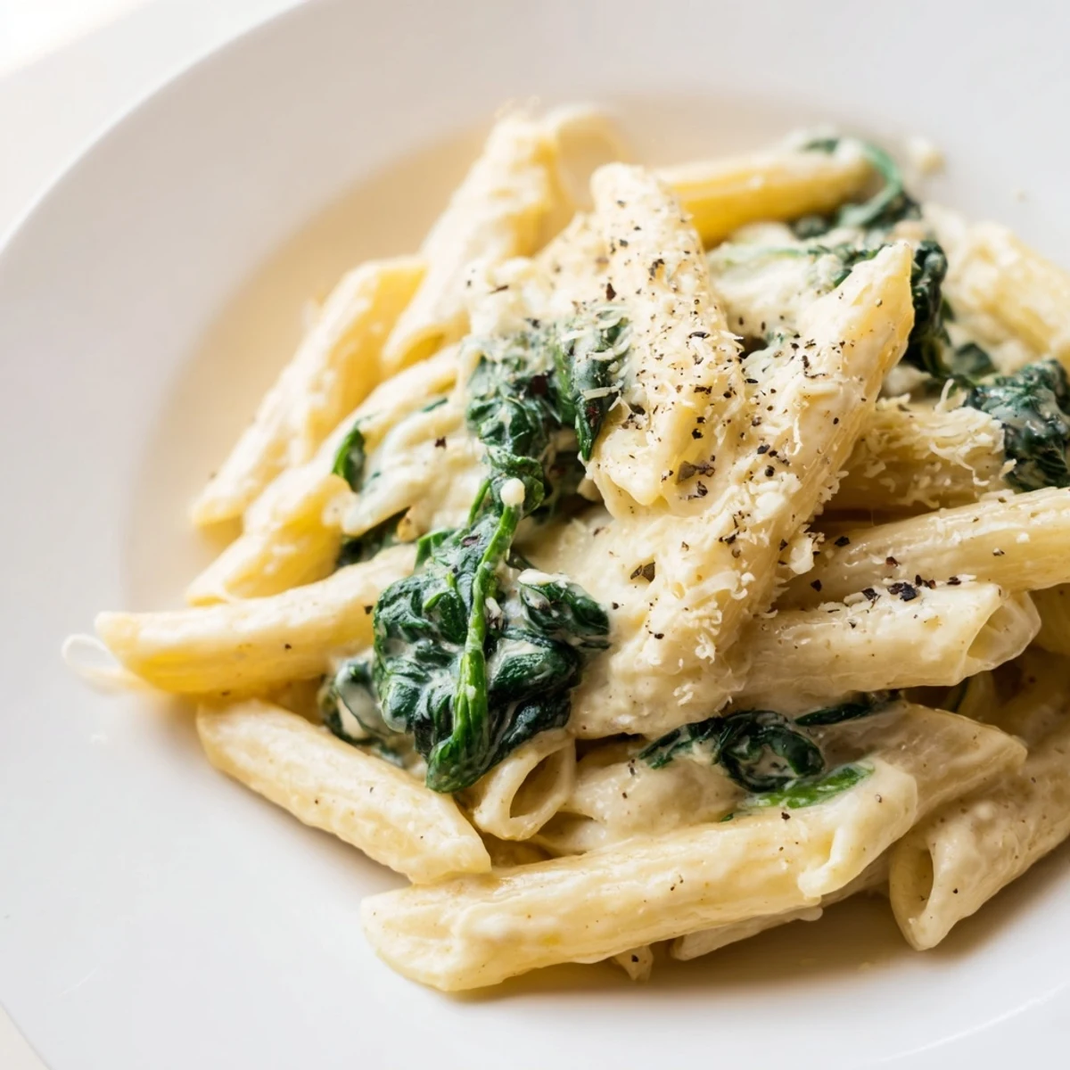 Steaming bowl of creamy spinach pasta, a comforting Italian meal with rich, cheesy sauce.