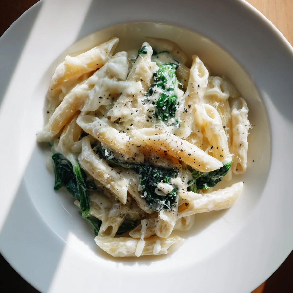 This creamy spinach pasta features a vibrant green sauce, perfect for a vegetarian weeknight dinner.