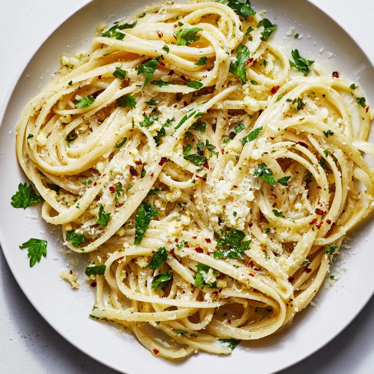 Silky garlic butter sauce coats the linguine, promising a delightful bite of Italian comfort food.