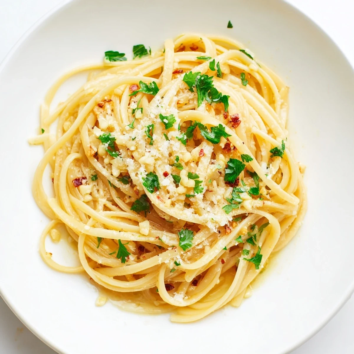 Golden garlic butter linguine, glistening with fresh parsley, ready for a simple, tasty dinner.