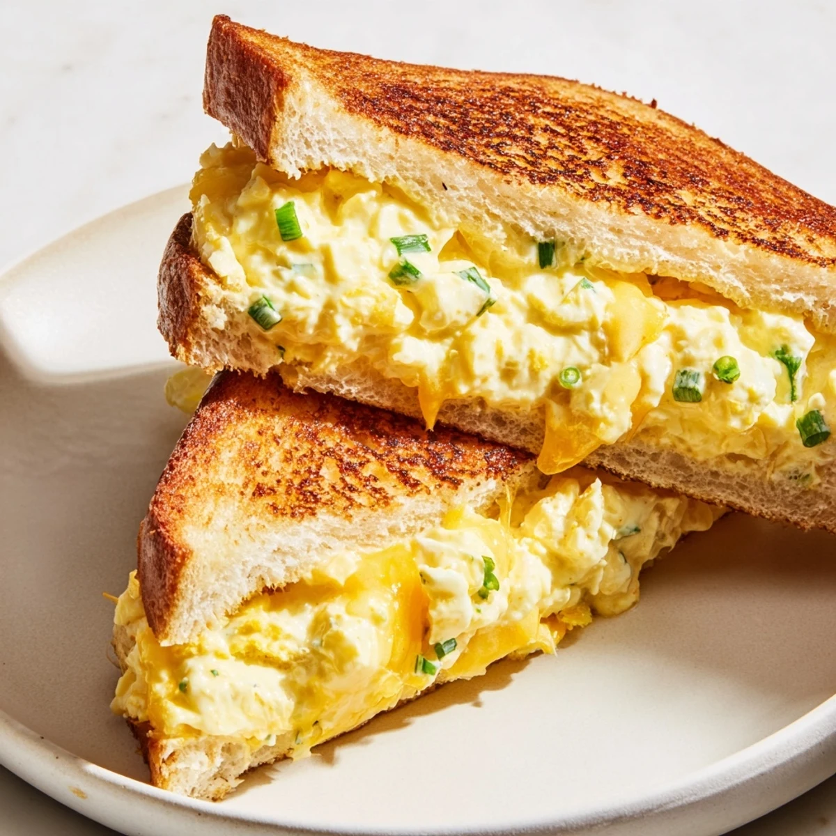 Warm, golden Egg Salad Grilled Cheese sandwich, cheese oozing as it's sliced by the knife.