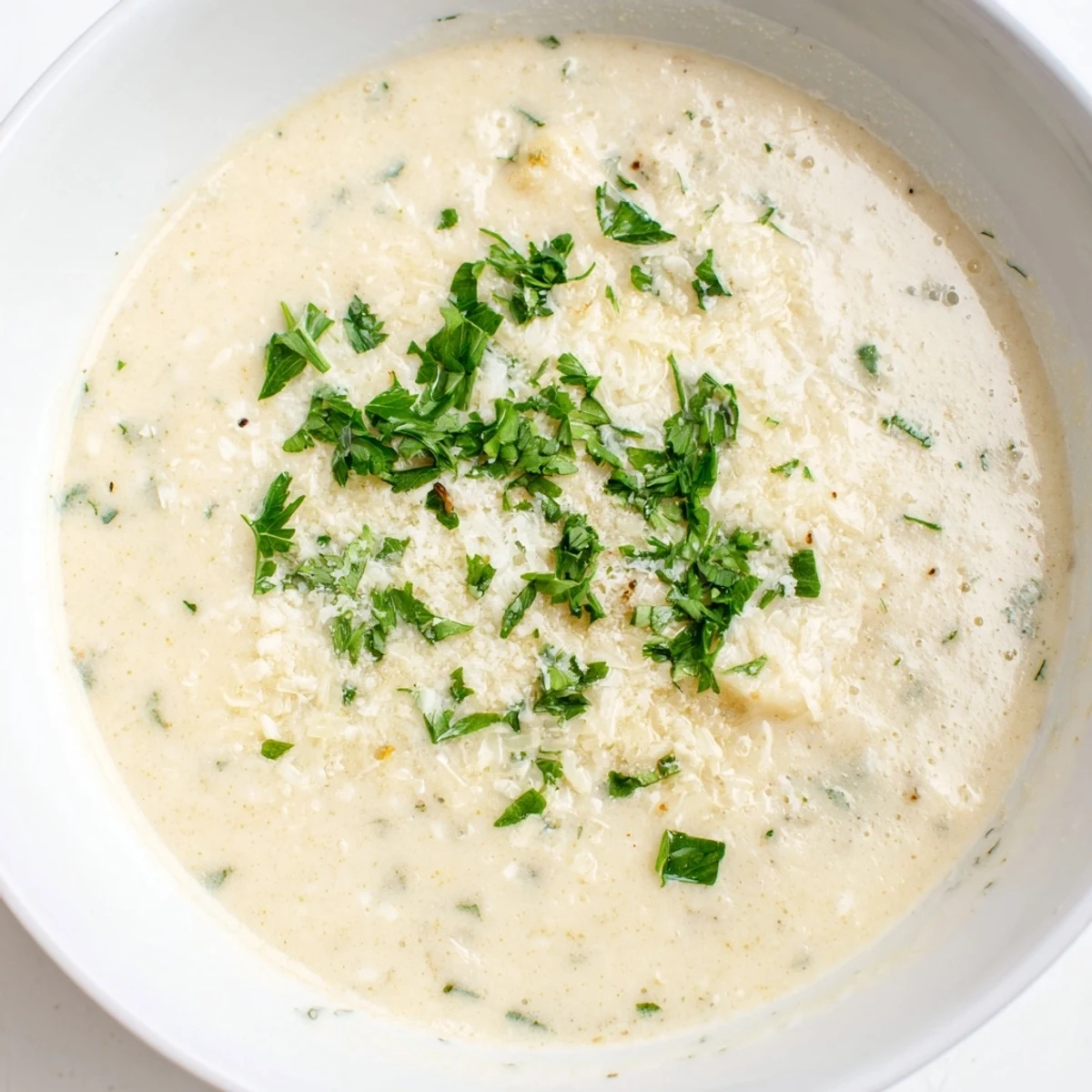 Freshly made creamy garlic bread soup, garnished with parsley, ready to warm you up.