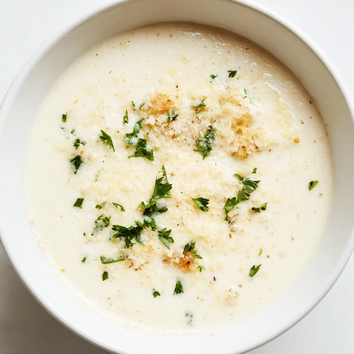 A steaming bowl of creamy garlic bread soup with crusty bread cubes is pictured here.