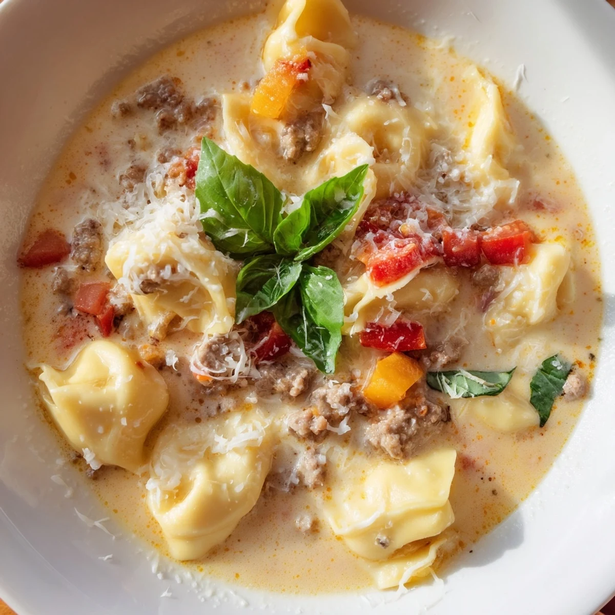 A steaming bowl of Tortellini Beef Soup, garnished with Parmesan and fresh basil, ready to eat.