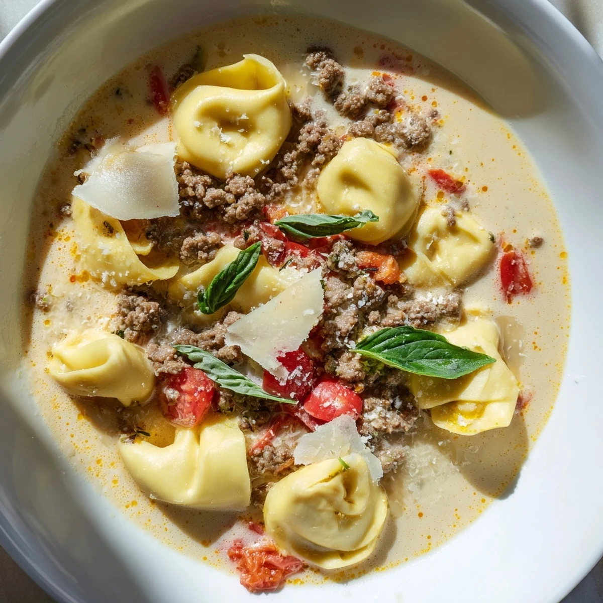 Creamy, tomato-based Tortellini Beef Soup with rich ground beef and tender cheese tortellini.