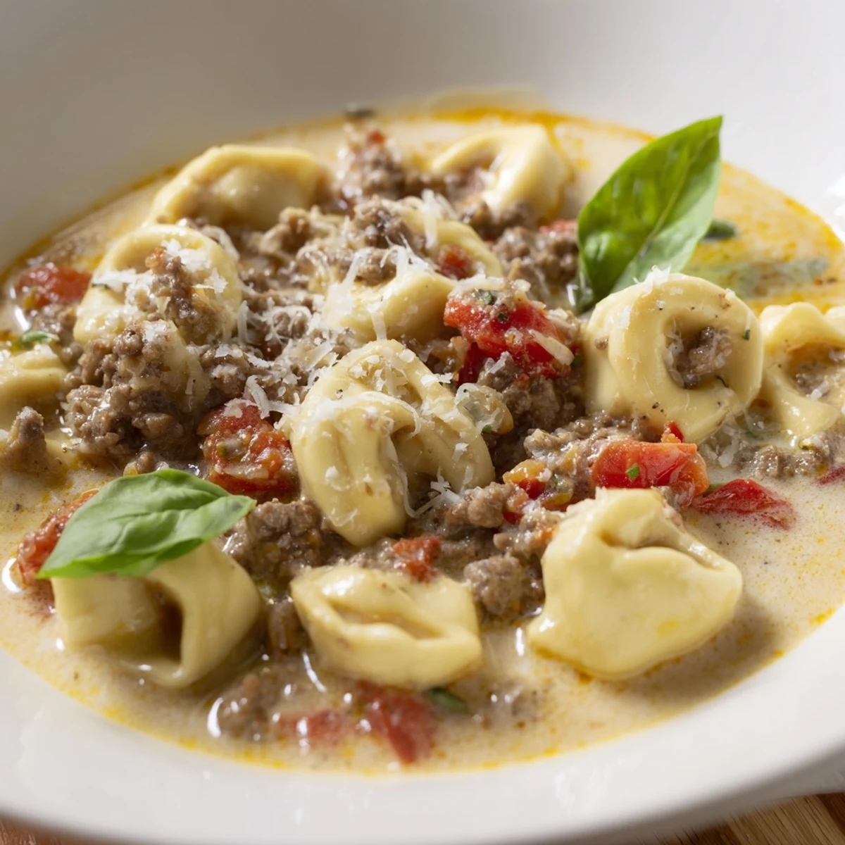 Warm ground beef and cheesy tortellini simmer in a flavorful Tortellini Beef Soup.