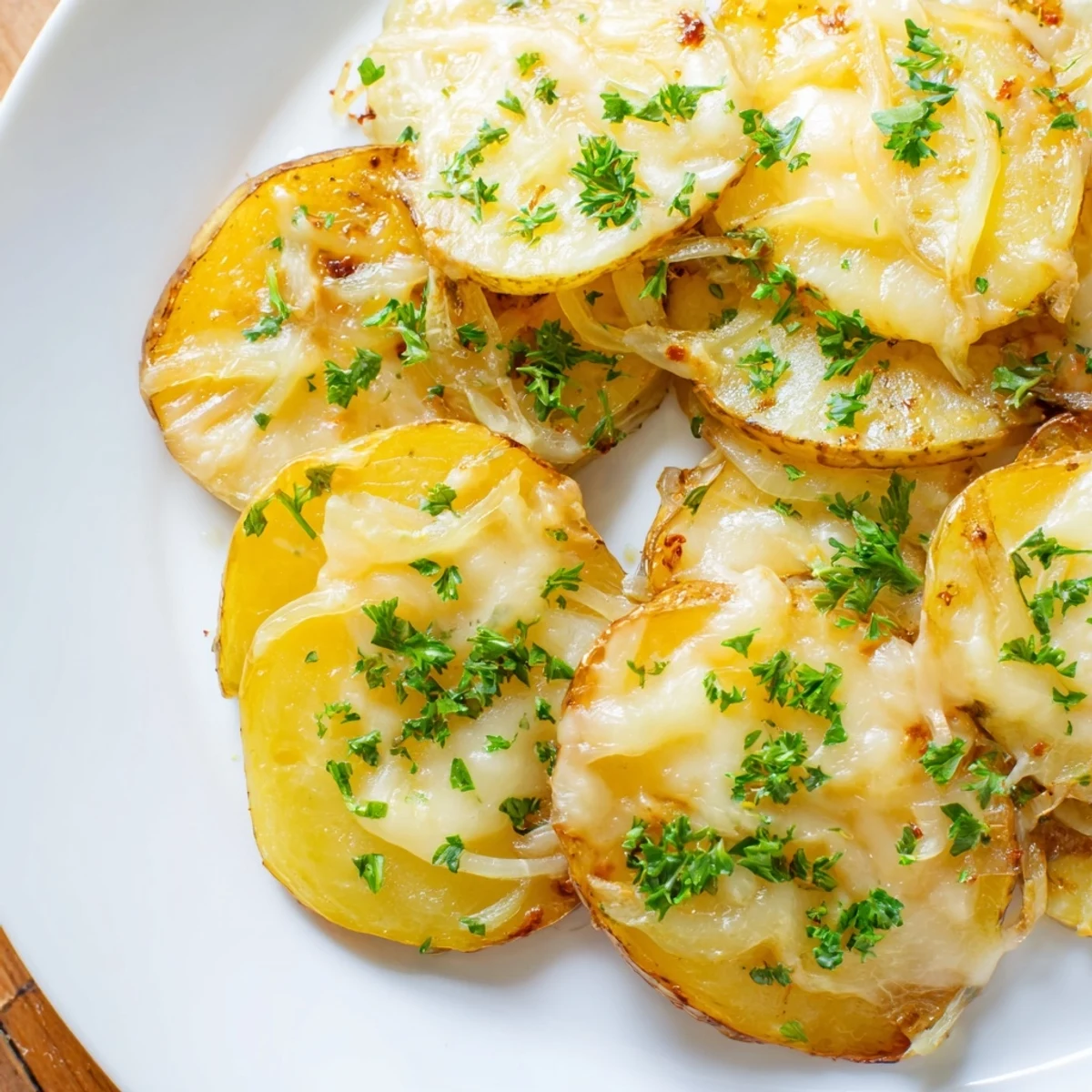 Warm, inviting image of French Onion Soup Potatoes, a classic side with roasted potato slices.
