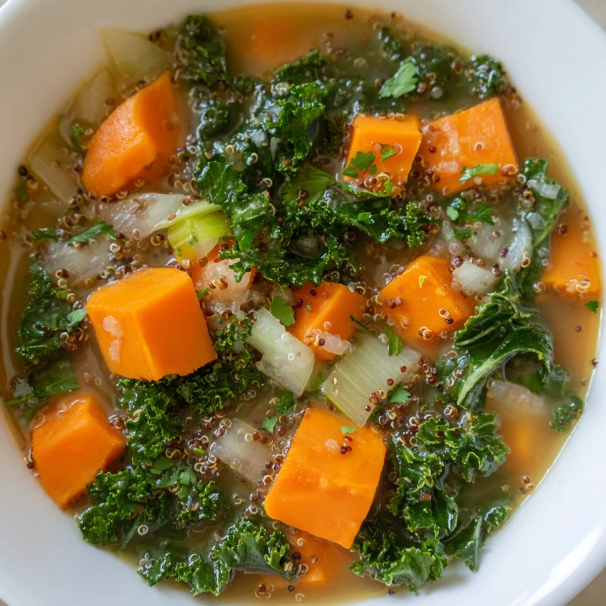 Vibrant image shows a steaming bowl of nourishing Winter Veggie Soup, perfect for a cold evening.