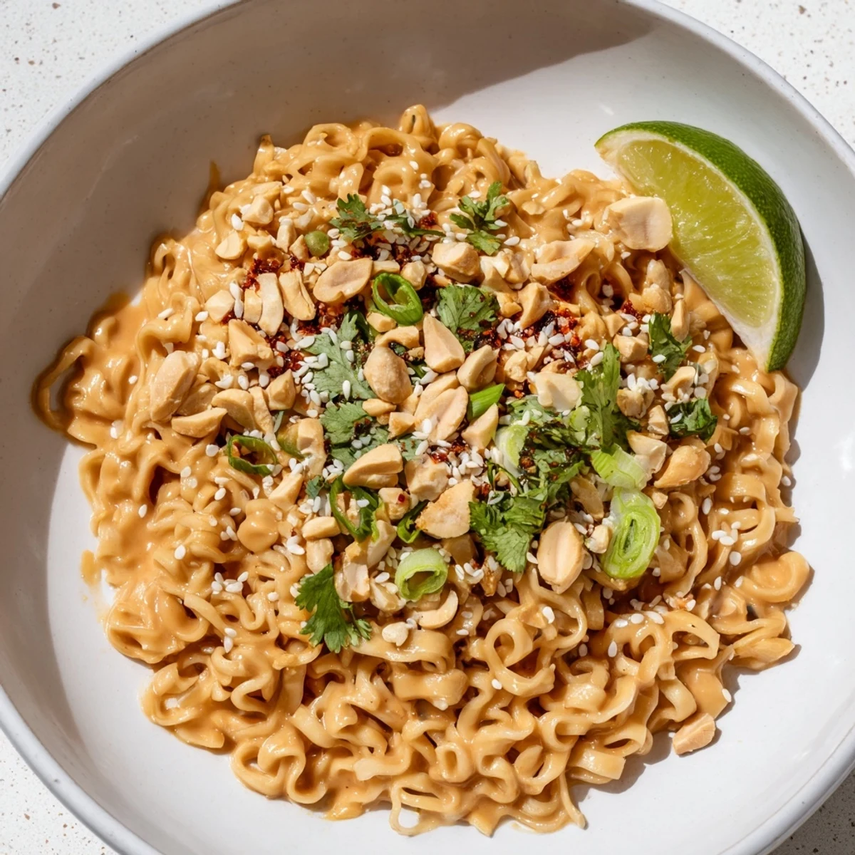 Steaming Instant Peanut Thai Sauce Noodles, vibrant with scallions, peanuts, and a swirl of spicy sauce.