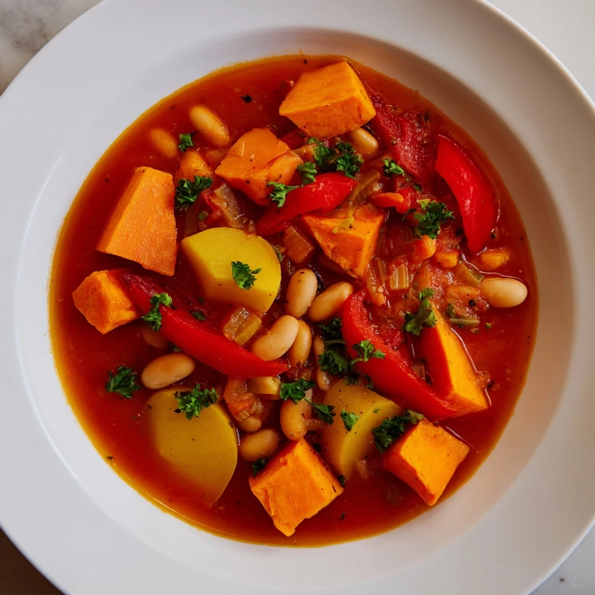 Hearty Vegan Sweet Potato Stew, steaming and aromatic, with tender sweet potatoes and vibrant vegetables.