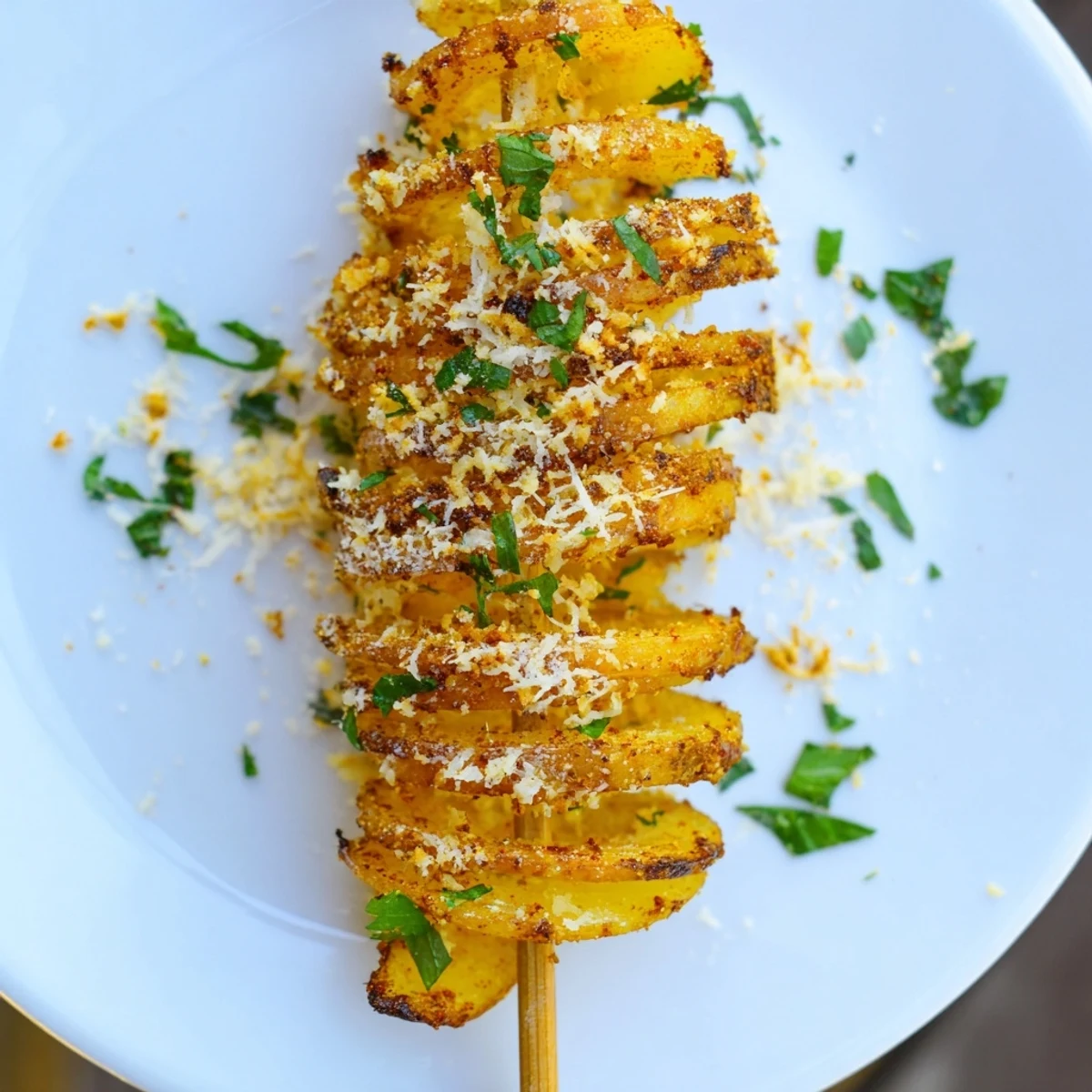 Golden, crispy tornado potatoes, perfectly spiralized and ready to enjoy as a flavorful snack.