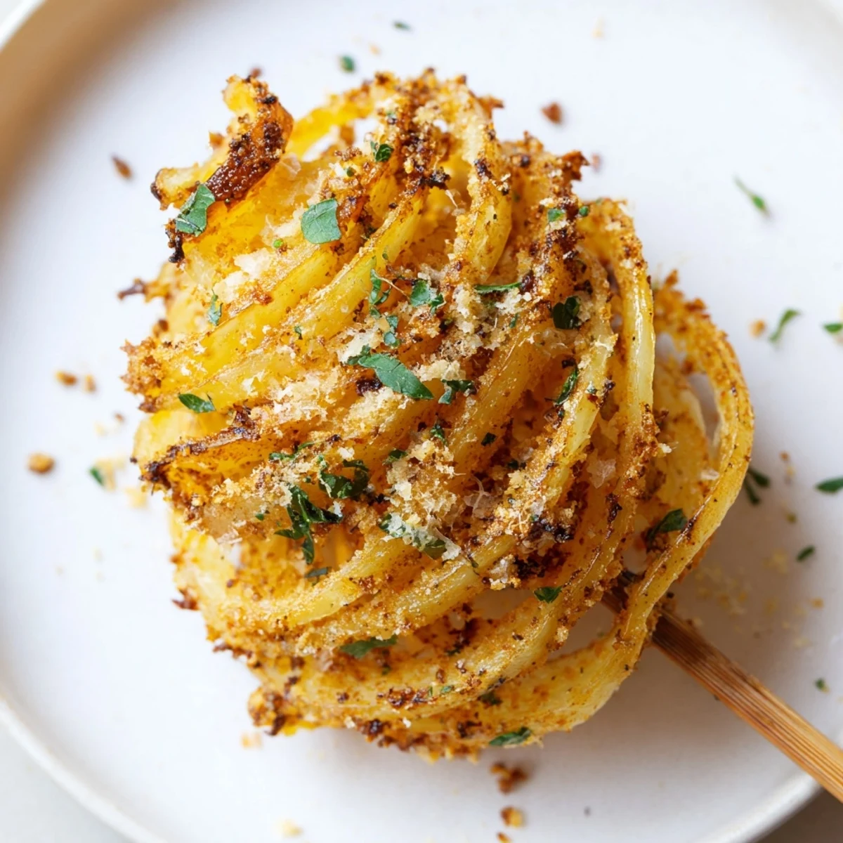 Close-up of golden brown tornado potatoes on skewers, tempting the eyes and promising a flavorful bite.