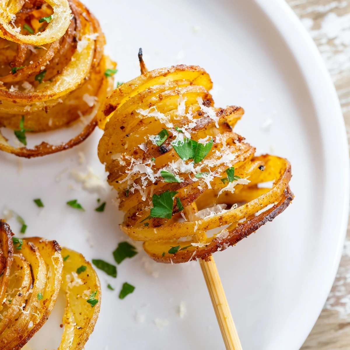 Savory tornado potatoes, freshly baked with a dusting of herbs; a delicious vegetarian side.