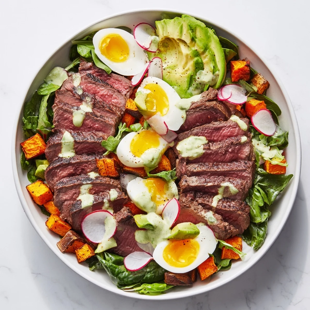 High-Protein Beef Avocado Bowl, with perfectly seared beef, creamy avocado, and vibrant sweet potato slices.