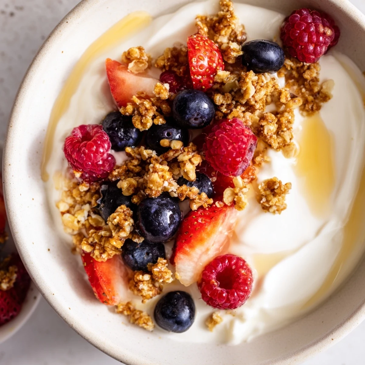 This Cottage Cheese Hot Honey Bowl showcases a delightful mix of cottage cheese, flavorful honey, and fresh berries.
