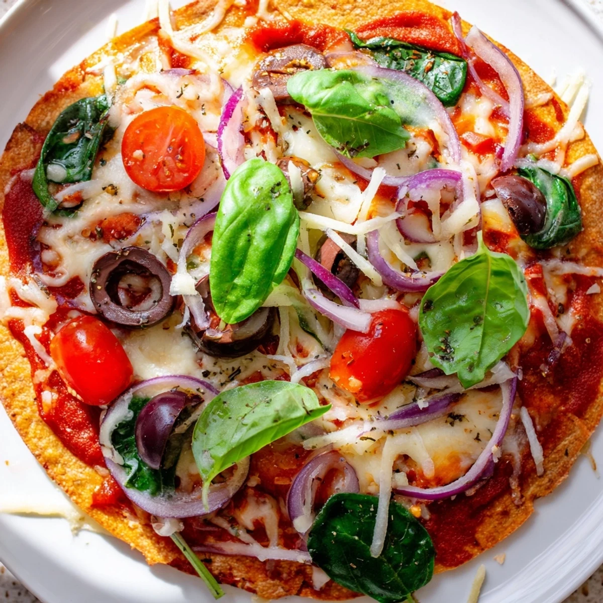 Golden, bubbly Crispy Tortilla Pizza with melted cheese and fresh basil—a quick dinner idea.