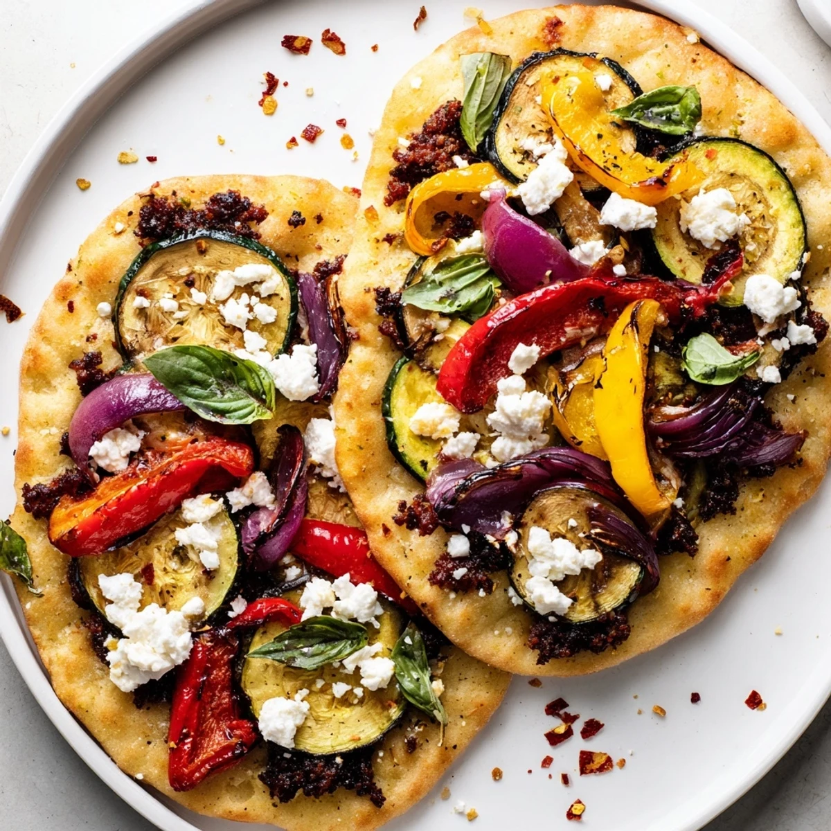 Golden-crusted Naan Bread Pizza, topped with vibrant roasted vegetables and creamy feta cheese.