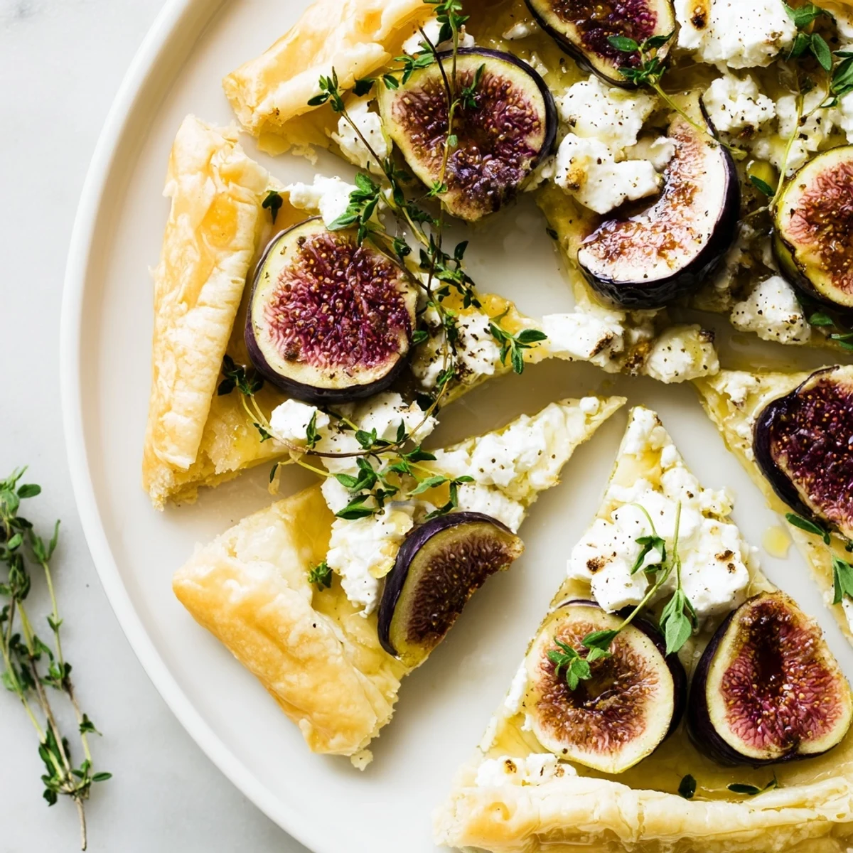Golden-brown puff pastry truffle pizza showcasing figs, goat cheese, and a sweet honey drizzle.