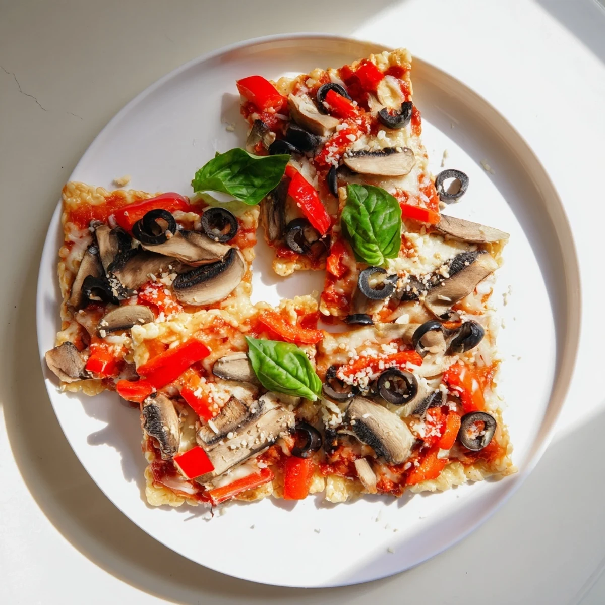 Golden, bubbly Rice Cake Pizza Squares, topped with melted mozzarella and fresh, vibrant basil leaves.