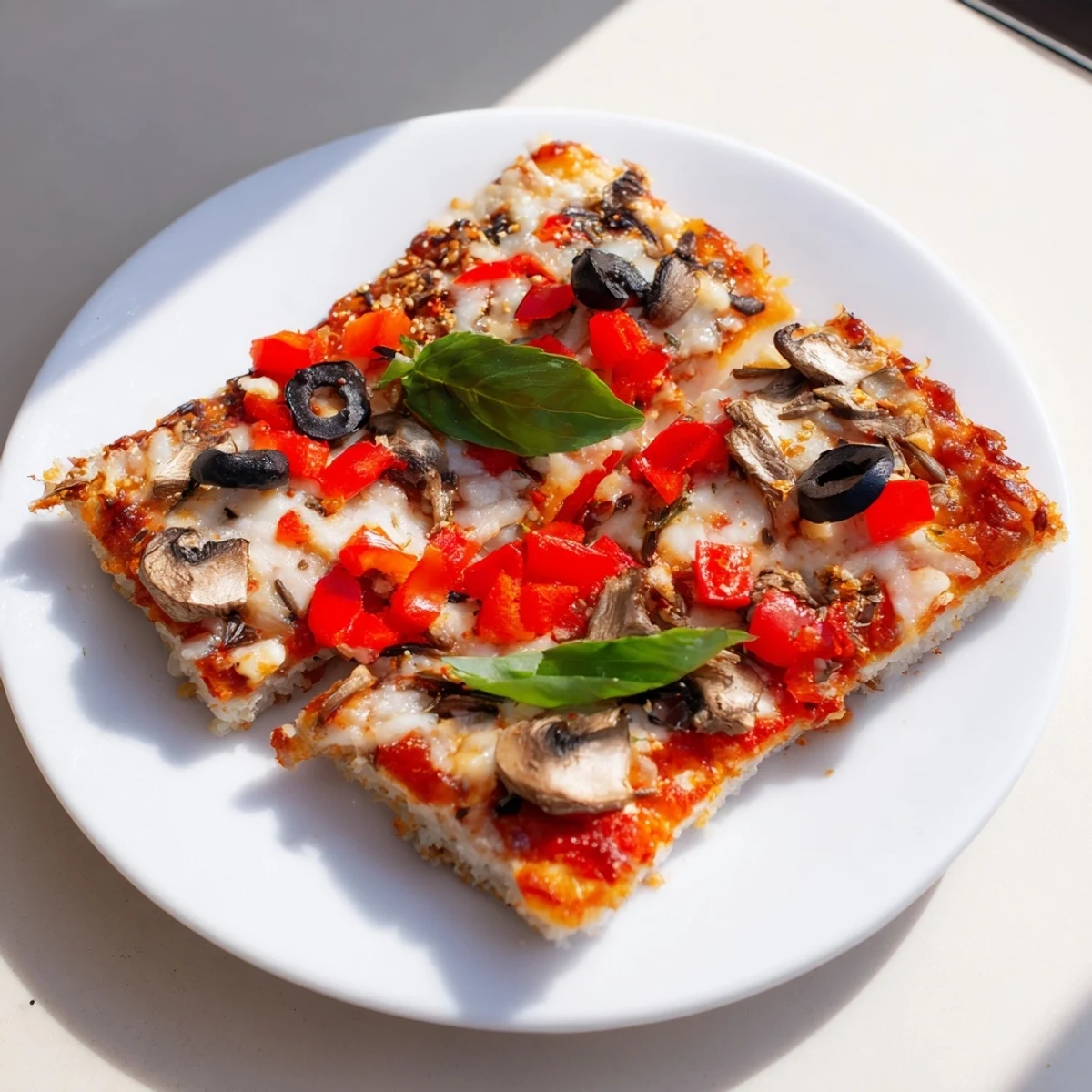 Close-up photo of baked Rice Cake Pizza Squares, featuring crispy crusts, savory sauce, and colorful toppings.