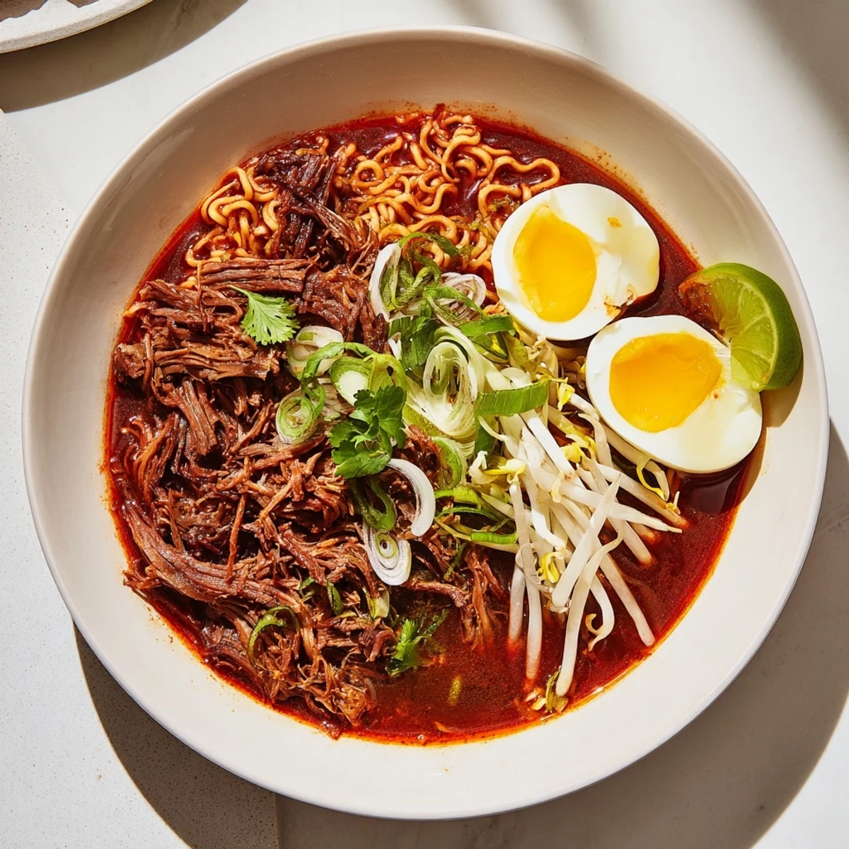 Steaming bowls of Chaos Cooking birria ramen brimming with tender beef and fresh toppings.